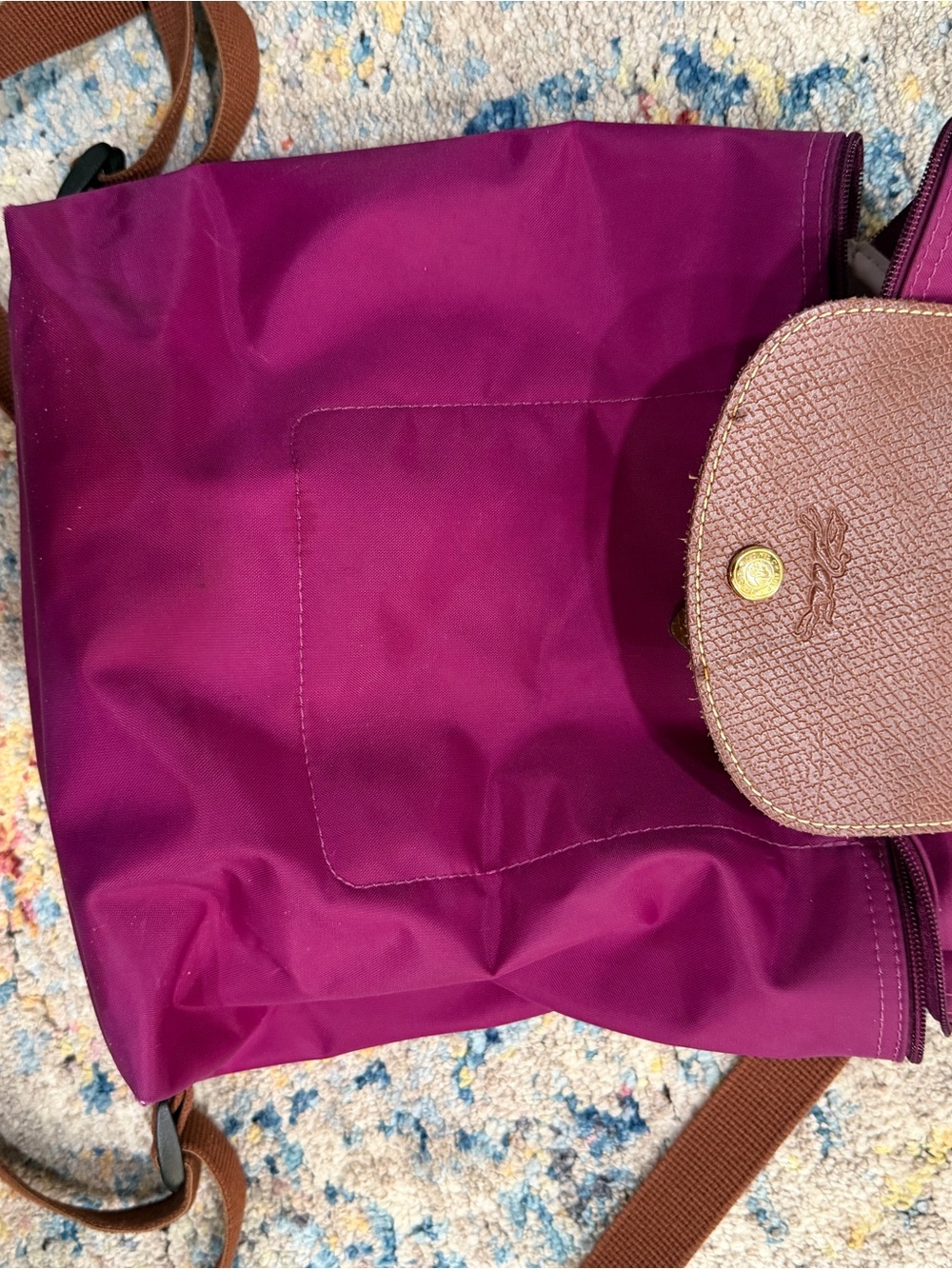Longchamp Nylon Backpack in Magenta with Brown Trim - white lining has stains